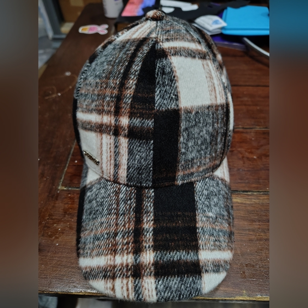 Steve Madden Brushed Plaid Cap Style Hat Black and Brown Adjustable Flannel Cap